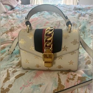 Gucci Bee Star Print Mini Sylvie Top Handle Bag Mystic White
